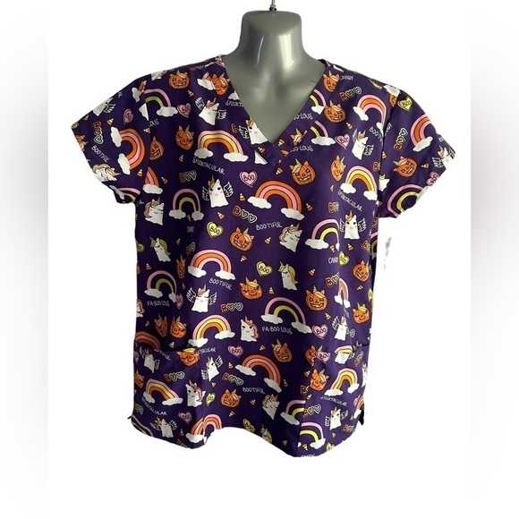 Serene Uniforms Halloween Unicorn Rainbow Cute Scrub Top• Size: Small • NWT - Picture 3 of 7